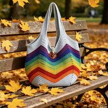 Women Knit Shoulder Bag, Large Capacity Contrast Color Handbag Tote For Casual Daily - Blue - View 5
