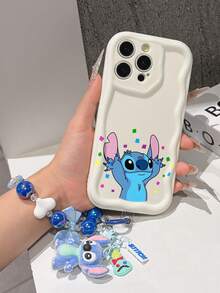 Disney Has Authorized, Phone Case - Chain Set, The Stitch Lilo & Stitch Phone Case Plus A Silicone 3D Or Fluffy Style Stitch Bracelet With Metallic Ring Removable Bracelet, Stitch And Angel Pattern, Compatible With Iphone 17/16/15/14/13/12/11/XS/XR/X Plus Pro Max, Wavy Design Phone Case For Girl, A Stylish Cartoon Summer Phone Case, The Perfect Gift Choice, Phone Protection, Durable Phone Cover, Great Gift For Friends And Family - Kiểu trắng B - Xem 5