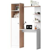 Desk/Work Table With Storage – White With Contrasting Slatted Wooden Top, Lower Cabinet With Doors And Open Upper Shelf, Office Design, 123.5 X 45 X 168.5 Cm - Wood Color + White - View 10