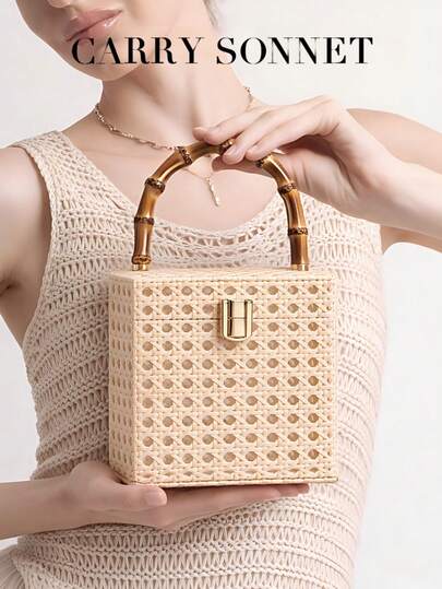 Summer Rattan Box Bag With Bamboo Handle, Woven Straw Handbag Elegant Vacation Beach Clutch