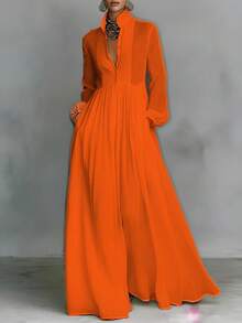 Elegant French-Style Dress For Women, Fitted, Long-Sleeved, Plain Emerald Green, High Neck And Raglan Sleeves, Ideal For Vacation - 橘色 - 查看 11