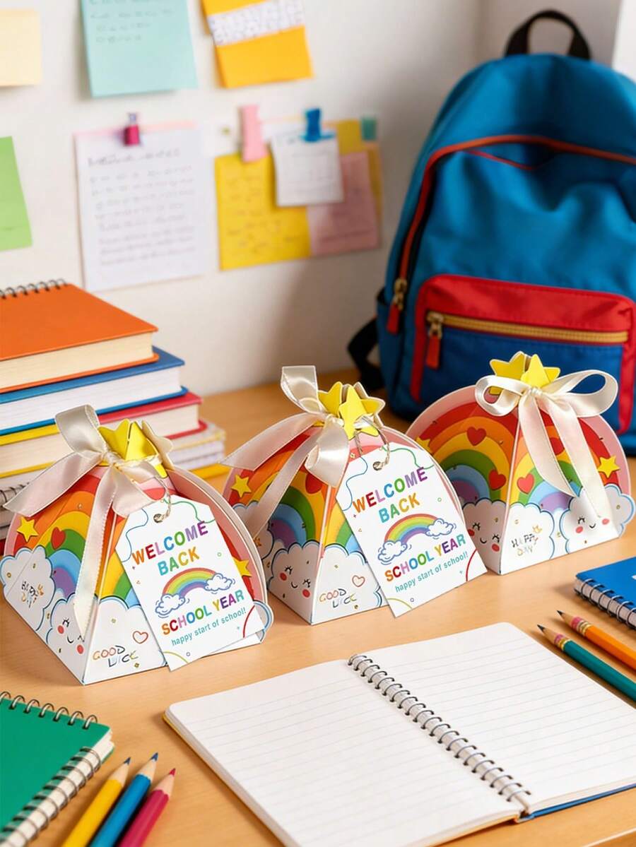 10/20 pièces Boîtes-cadeaux pour la fête de la rentrée scolaire avec étiquettes-cadeaux. Conception de nuages et arc-en-ciel de dessin animé. Boîtes d'emballage cadeaux en papier pour la première journée de la rentrée, anniversaire, baby shower, décorations de fête - Arc-en-ciel - Voir 1