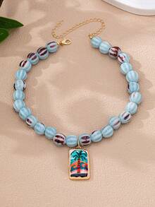 Collar de cuentas de Murano azul con colgante de palmera, collar de playa de verano con colgante de sol radiante, collar bohemio en capas, adecuado para vacaciones y uso diario - Multicolor - Ver 3