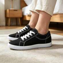 Fashionable Wide Canvas Sneakers, Soft And Comfortable, Casual Shoes For Students - Black and White - View 16