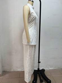 Stand Collar Sleeveless Top With Half-Buttoned Front, Cinched Waist, And Asymmetrical Hem + High-Waisted Wide-Leg Pants Two-Piece Set For Women |   Minimalist And Sophisticated Style, Perfect For Everyday Outings & Office Commutes, Suitable - White - View 7