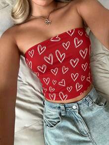 Women's Strapless Knitted Crop Tube Top With Heart Print, Short Length Summer Festival Tank, Medium Stretch Fit - Red - View 3