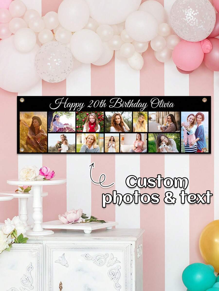 Customized Photo Birthday Banner Backdrop, Suitable For Adult, Event, Party, Wedding Decoration Poster, Personalized Photo Collage Banner For Birthday, Anniversary, Graduation, Wedding And Any Occasion - Multicolor - View 1