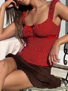 Women's Polka Dot Bow Front Cami Top - Square Neck Ruched Sleeveless Summer Y2K Top - Red - View 2