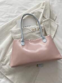 1 pieza Bolso de mano grande con capacidad de carga, decorado con correa rosa, de piel sintética con parches, bolso de hombro para mujer, nueva llegada de primavera - Rosa - Ver 4