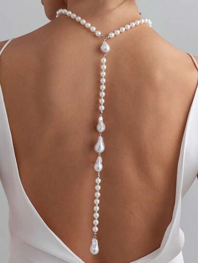 1pc Fashion Faux Pearl Pendant Necklace With Sexy Tassel Backless Chain, Women Party Accessory