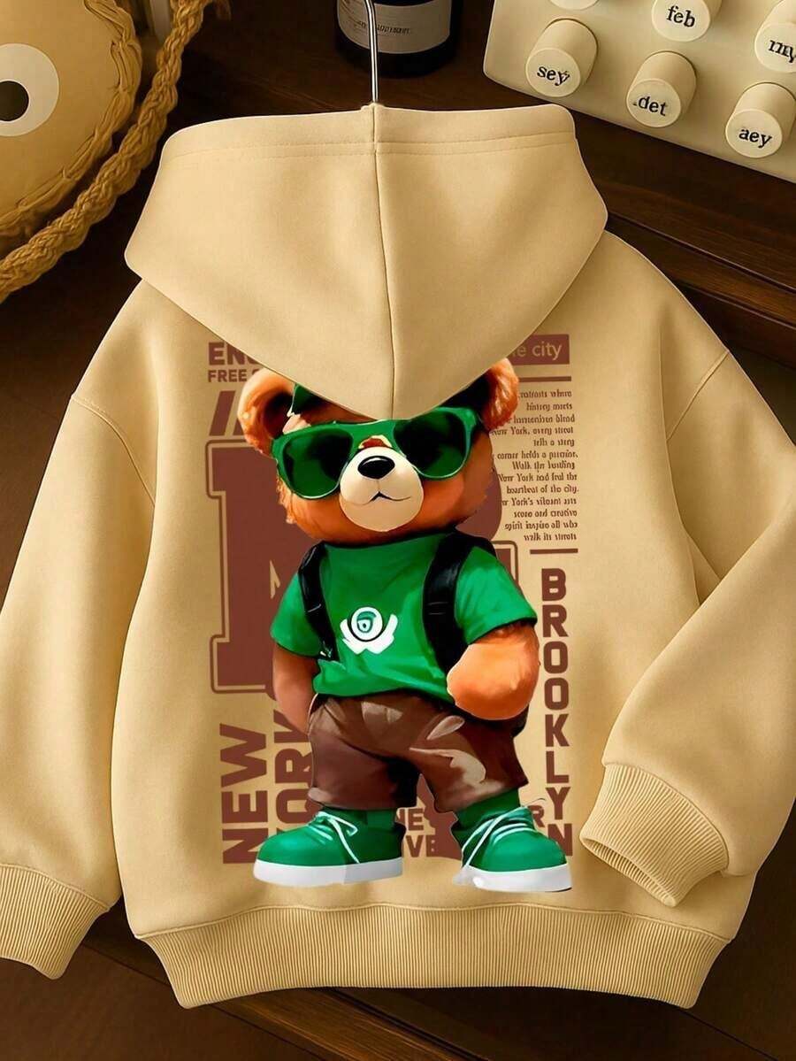 Kids' Kangaroo Hoodie With Bear Print, Cotton, Comfortable, Various Colors And Sizes - 米色 - 查看 1