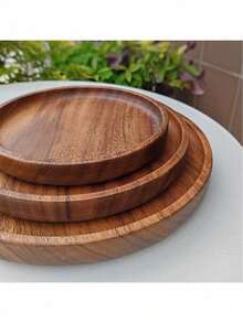 Vintage Round Wooden Tray, Home Dining Plate, Bedroom Jewelry Storage, Japanese Style Desktop Decor Tray, Suitable For Living Room - Brown - View 4