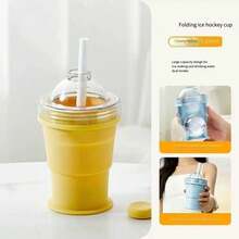 2-In-1 Foldable Silicone Ice Ball Mold (3.5 Inch), Portable 11oz Drink Cup With Straw, Leak-Proof Spherical Maker For Whiskey, Iced Coffee And Cocktails (2pcs, Blue And Yellow) - Multicolor - View 10
