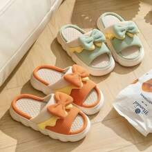 1 Pair Linen All Season Slippers, Unisex Indoor Home Couple Slippers, Non-Slip Quiet Linen Fabric Floor Slippers - Wood Ear Bow Slippers - View 6