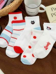 1/5 Spring/Summer Popular Minimalist Apple & Dog Striped Mid-Calf Knit Socks - Multicolor - View 2