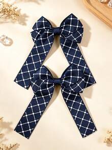 2pcs Navy Blue Argyle Polka Dot Print Bow Decor Hair Clips, Suitable For Daily Use - Multicolor - View 2