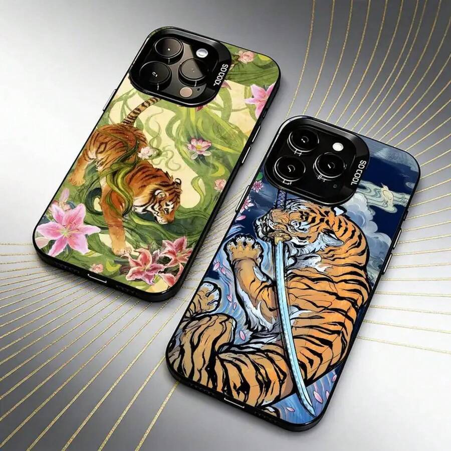 Ukiyo-E Style Tiger Tortoise Print Phone Case For  16 17 15 14 12 13 Pro Max Black Candy Matte Shockproof Cover.Holiday Accessories. - z1 - 查看 1