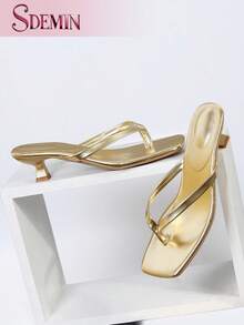SDEMIN Women's Spring Summer Fashion Versatile Thong Heeled Sandals, Elegant Square Toe Kitten Heel Mules, Casual Stylish Slip-On Shoes For Daily Vacation, Beach, Office, Party And All-Match Outfits - 金色 - 查看 5