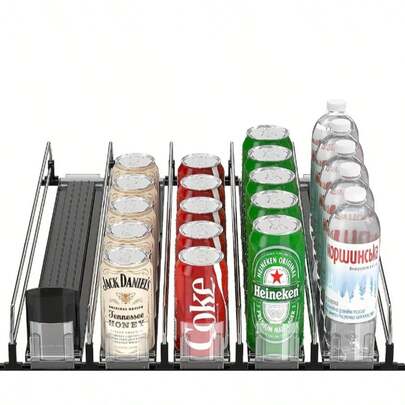 Automatic Beverage Storage Rack With Sliding Function, Suitable For Canned Drinks And Sodas. Adjustable Width Fits Bottles And Cans. Creates A Neat And Organized Environment For Refrigerators. Essential For Home Or Office.