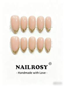 nailrosy 10Pcs Handmade Press On Nails Medium Oval Nude Fake Nails Gold Foil Metallic French Tip Gloss Luxury Elegant Daily Manicure - Gold - View 11