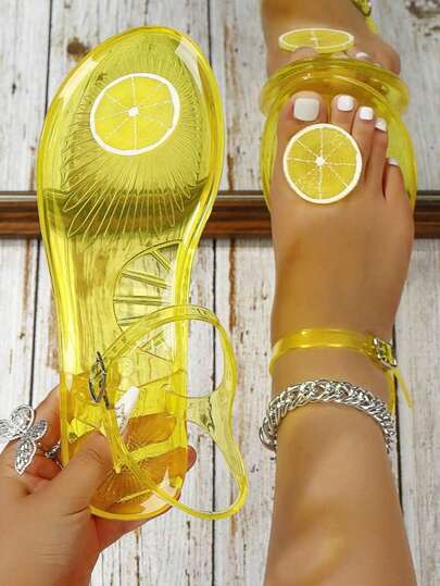 Fruit Jelly Sandals For Women, Non-Slip Soft PVC Beach Slippers, Ladies Flat Thong Transparent Jelly Fruit Vacation Slides, Colorful Unique Indie Design Flat Sandals,Spring Summer Outfits