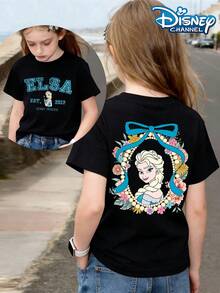 Disney Frozen Elsa Blue Bow Floral Kids Summer Top, Perfect For Cute Girls. Teen Girl Gift,Comfortable And Breathable Children's Short-Sleeved T-Shirt. 180g Pure Cotton Children's Clothes,Suitable For Both Boys And Girls.Suitable For Daily Wear, Vacations, Outdoor Activities, And As A Children's Gift. - 黑色 - 查看 1
