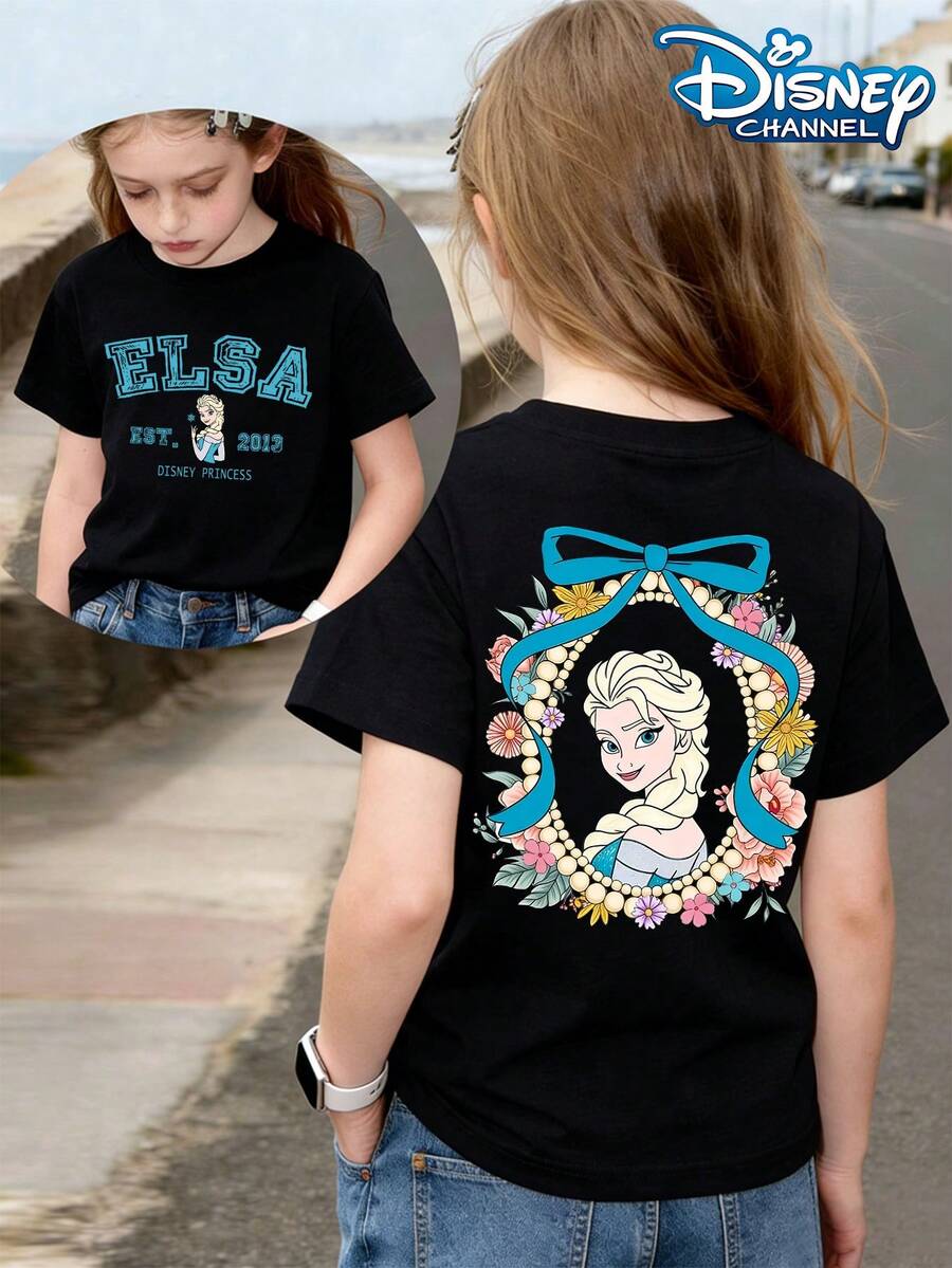 Disney Frozen Elsa Blue Bow Floral Kids Summer Top, Perfect For Cute Girls. Teen Girl Gift,Comfortable And Breathable Children's Short-Sleeved T-Shirt. 180g Pure Cotton Children's Clothes,Suitable For Both Boys And Girls.Suitable For Daily Wear, Vacations, Outdoor Activities, And As A Children's Gift. - 黑色 - 查看 1