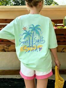 1pc Tween Girl Printed Short Sleeve T-Shirt, Student Youth Clothing, Summer Gift For Kids - Mint Green - View 2