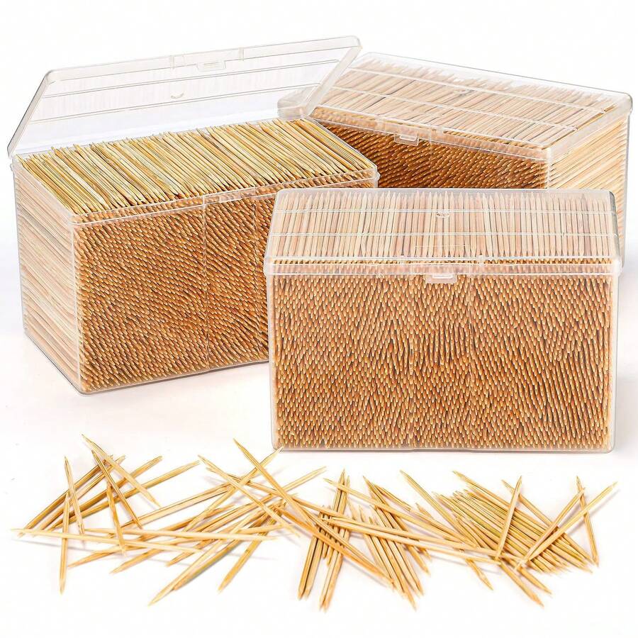 3600 piezas Palillos de dientes de bambú redondos de doble punta con caja de almacenamiento de plástico transparente, adecuados para aperitivos, alimentos, barbacoa, cócteles, higiene dental, fiestas, etc. - Multicolor - Ver 1