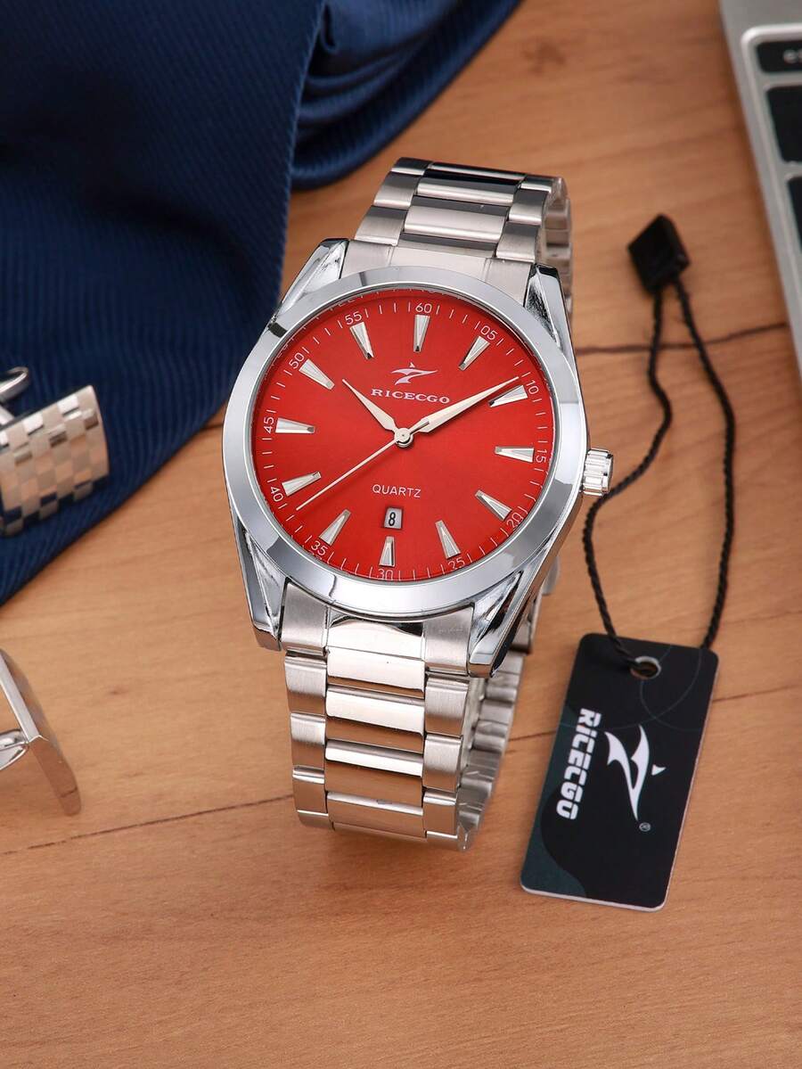 RICECGO Men's Business Quartz Watch, Fashion Luxury, With Calendar Function, Stainless Steel Strap, Suitable For Daily Wear, Valentine's Day, Men's Wristwatch - Silver - View 1
