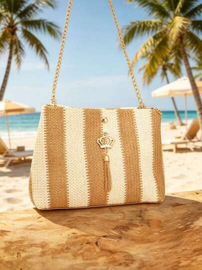 Bolso bandolera tejido a rayas de estilo bohemio, diseño de cierre magnético de color contrastante, bolso de hombro para mujer para vacaciones y playa