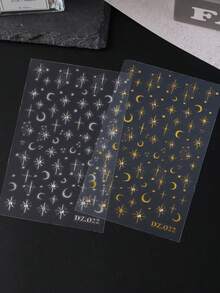 2片装奢华星月镶钻闪亮金属星月波点3D浮雕美甲贴纸，Y2K哥特风DIY美甲装饰，婚礼及节日用品 - 彩色 - 查看 7