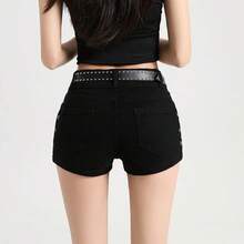 Summer Y2k Sexy Low Waist Mini Denim Shorts Women Vintage Korean Popular Girls Slight Strech Streetwear Gothic Rivet Black Jeans - 黑色 - 查看 4