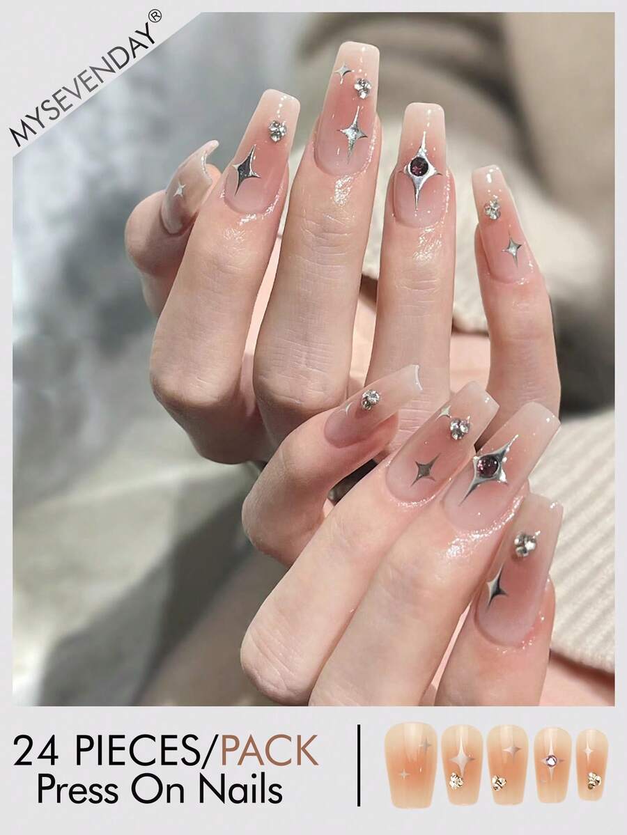 24 piezas de uñas postizas cortas de estilo cuadrado/lujo ligero con textura metálica plateada incrustada con diamantes irregulares/diamantes en forma de estrella, adecuadas para el uso diario, reuniones y uso casual. - Multicolor - Ver 1