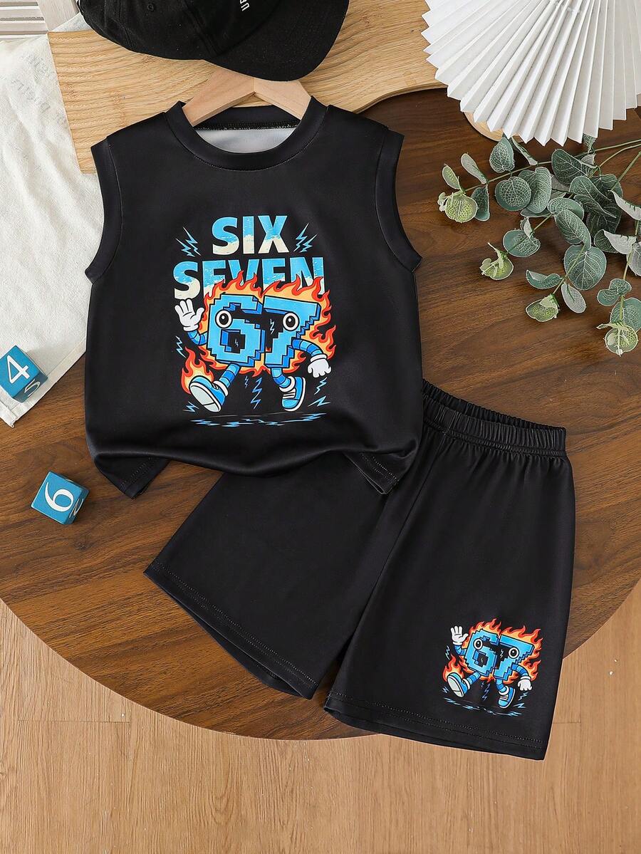 Bộ đồ 2 món cho bé trai mùa hè: Áo ba lỗ cổ tròn và quần short. - màu đen - Xem 1