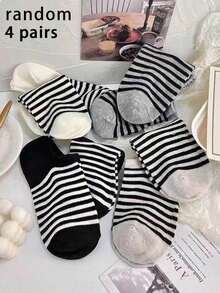 4 paires de chaussettes bateau mode décontractées à rayures aléatoires pour femmes, style fin, printemps/été - Multicolore - Voir 1