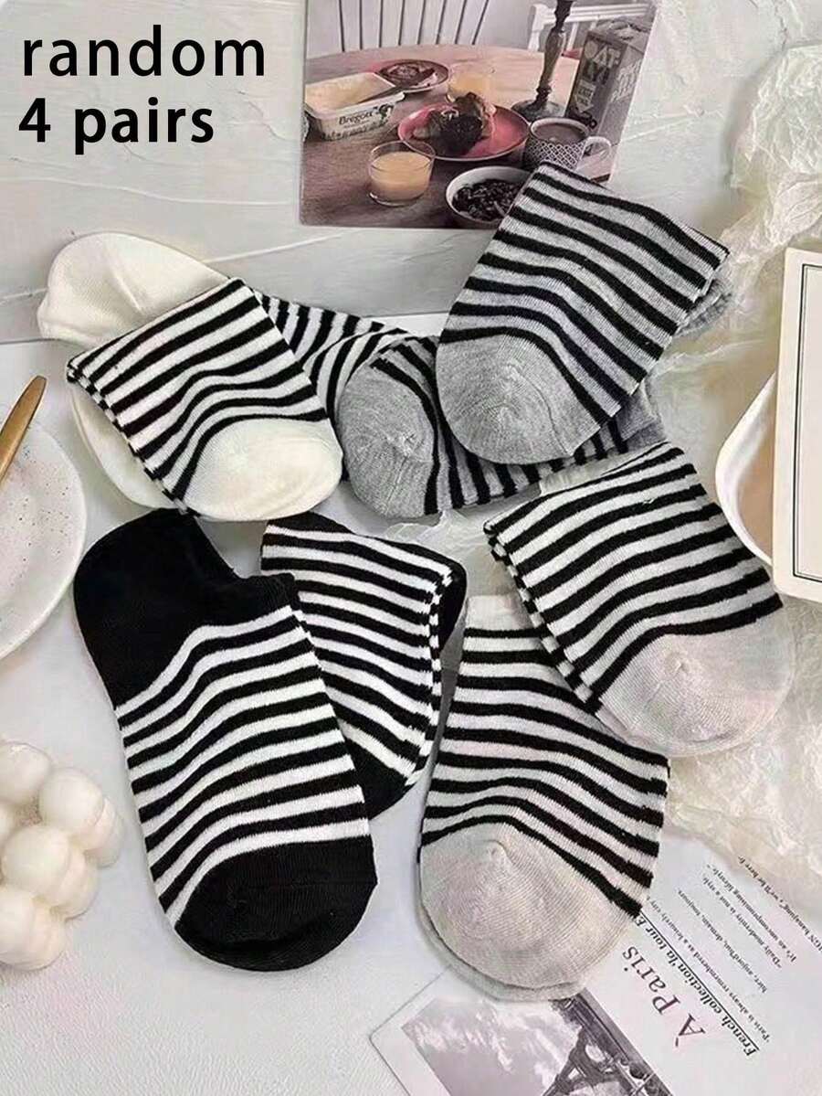 4 paires de chaussettes bateau mode décontractées à rayures aléatoires pour femmes, style fin, printemps/été - Multicolore - Voir 1