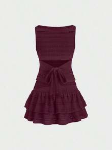 Conjunto de 2 piezas de top sin mangas plisado y minifalda de unicolor para mujer - Burdeos - Ver 4