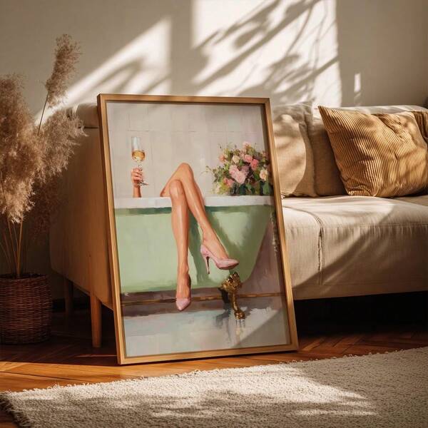 1 peça Banheira Verde com Pés de Garra - Impressão de Arte Glamorosa, Pintura a Óleo Estética Vintage para Banheiro com Tema de Coquetel, Decoração Feminina para Spa em Casa com Tema de Autocuidado e Coquetel, Sem Moldura