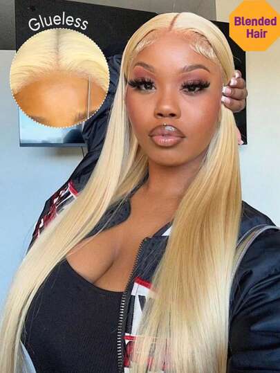 Glueless 7x5 Pre Cut Lace Closure Wigs For Women 180% Density Short Straight Bob Hair Heat Resistant Synthetic Mixed Human Blended Hair Wig Pre-Plucked HD Transparent Lace Front 613# Blonde Color Easy Wear