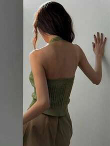 Women's Summer Solid Color Halter Backless Twist Knit Top - Army Green - View 3