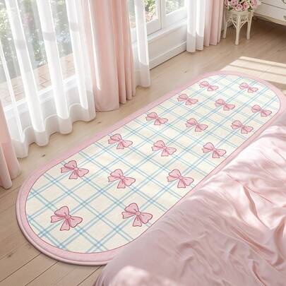 1件米色蝴蝶结格子椭圆形仿羊毛装饰地毯，氛围门垫，装饰地毯，加厚地毯，柔软亲肤材质，适用于客厅、卧室、书房等场所装饰，柔软亲肤材质，卧室地毯，书房地毯，客厅地毯，迎宾垫，办公室装饰，区域地毯，厨房地毯，游戏室地毯，浴室垫，时尚家居装饰，房间装饰，客厅装饰，家居装饰，节日装饰