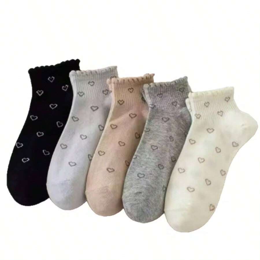 5 Pairs Fashion Women's Invisible Leg Warmers Set, Cute Heart Print Ruffle Edge Soft Invisible Leg Warmers, Durable Multi-Purpose Casual Leg Warmers Suitable For Work, Shopping, Dating - Multicolor - View 1