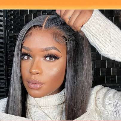 短款波波头假发，真人发直发，13x4蕾丝前额假发，透明蕾丝前额真人发假发，1B色，自然黑色，预拔发际线，200%密度，预拔发际线，适合日常佩戴和特殊场合，逼真发际线，优雅发型，适合所有种族，无需胶水即可日常佩戴，直发波波头纹理，完美适用于日常、办公室、街头风格。