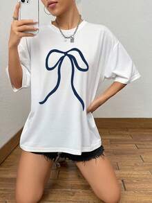 2026新款女式时尚短袖睡衣，春夏Y2K风格休闲INS蝴蝶印花圆领短袖夏季家居服T恤 - 白色 - 查看 4