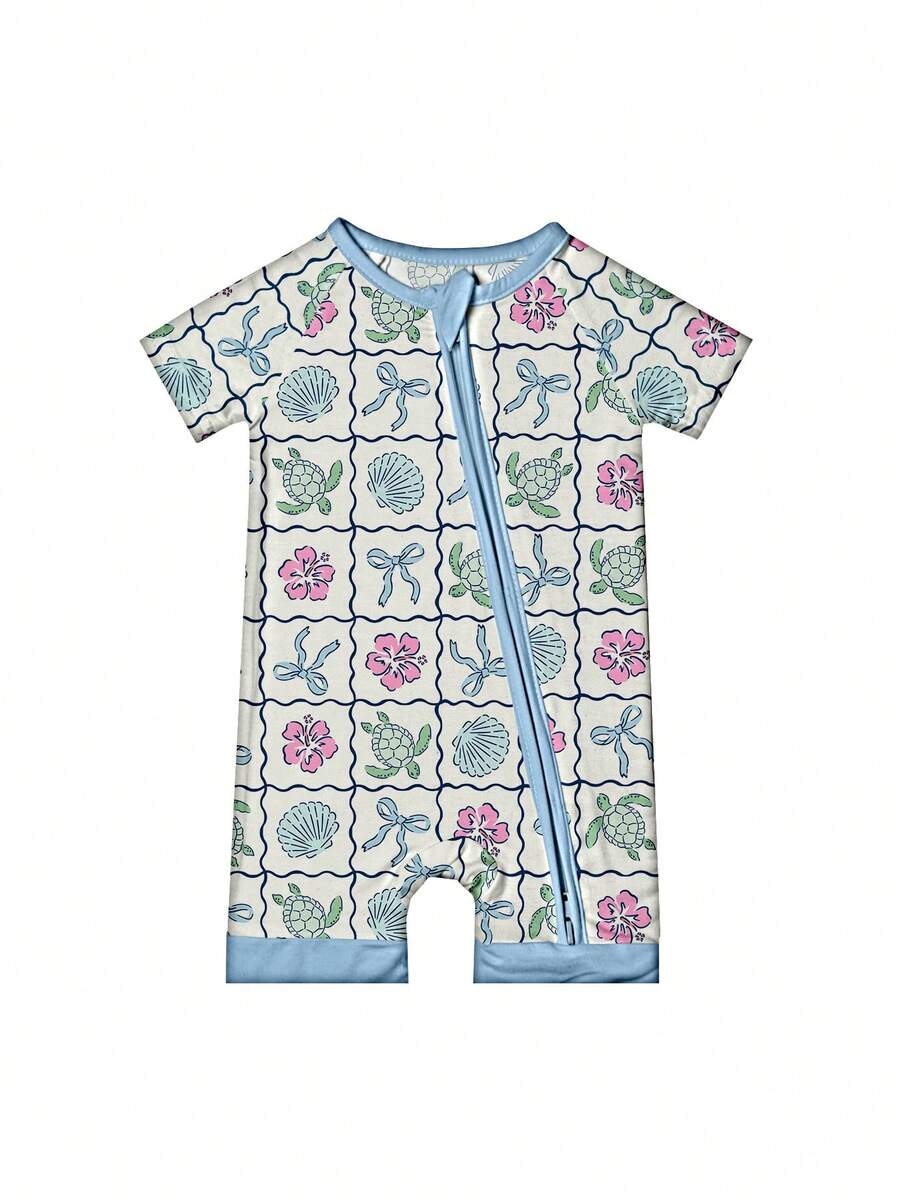 VISIKIDS Baby Bamboo Viscose Sea Turtle & Shell Print Short Sleeve 2-Way Zip Up Romper, Footless One Piece Outfit For Infants 0-24M, Blue White - Màu xanh nhạt - Xem 1