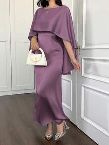 女士夏季连衣裙、度假连衣裙、优雅派对连衣裙、婚礼及聚会连衣裙，搭配迷人的斗篷式披肩和隐形拉链细节，展现精致优雅的美感。 - 紫色 - 查看 4