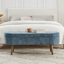 Multifunctional Storage Bench / Soft Chenille Fabric Modern Storage Bench / 20L Storage Space / Wooden Legs / For Bedroom, Living Room, Shoe Bench, Hallway - 藍色 - 查看 3