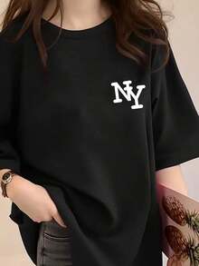 Women's Short-Sleeved, Loose-Fitting Crew Neck T-Shirt, Black With Embroidered NY Letter, Casual Summer Top; Light Grey Short-Sleeved Casual T-Shirt, Stylish And Comfortable Design, Casual Outdoor T-Shirt. - Black - View 4