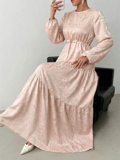 Đầm nữ cổ tròn in hoa xếp ly phong cách Ả Rập thường ngày dự tiệc du lịch